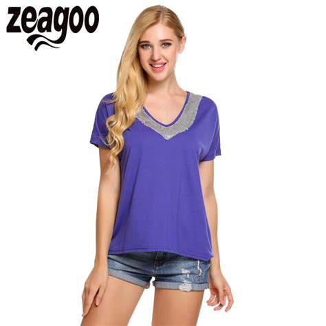 Zeagoo 2018 Summer Women Fashion Sequins V Neck Short Sleeve Patchwork T Shirt Casual Pullover T