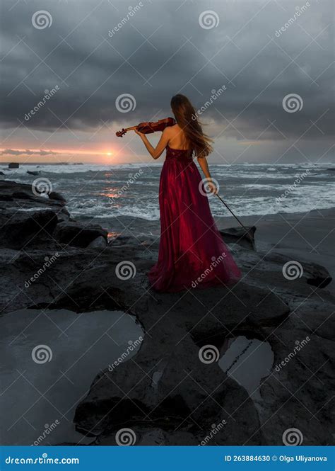 Caucasian Woman With Violin On The Beach Music And Art Concept Slim