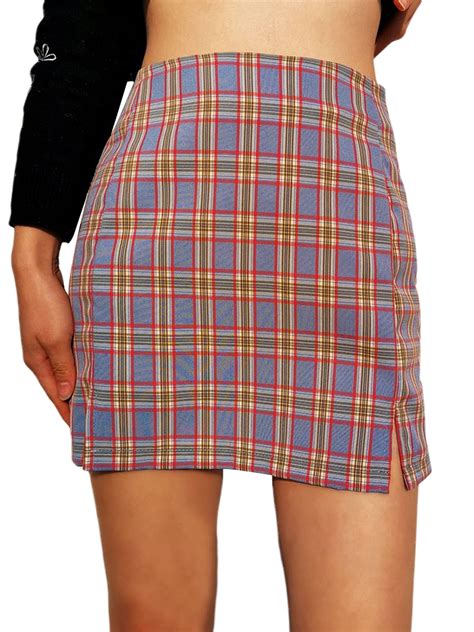 Fanvereka Women Summer Vintage Short Skirts Plaid High Waist Split A