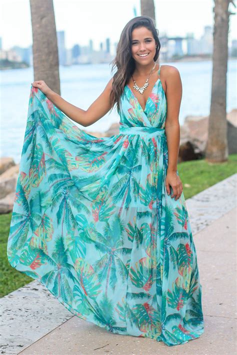 Turquoise Tropical Print Maxi Dress Maxi Dresses Saved By The Dress