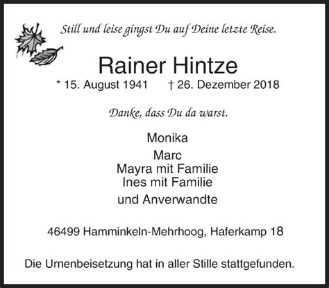 Traueranzeigen Von Rainer Hintze Trauer In NRW De