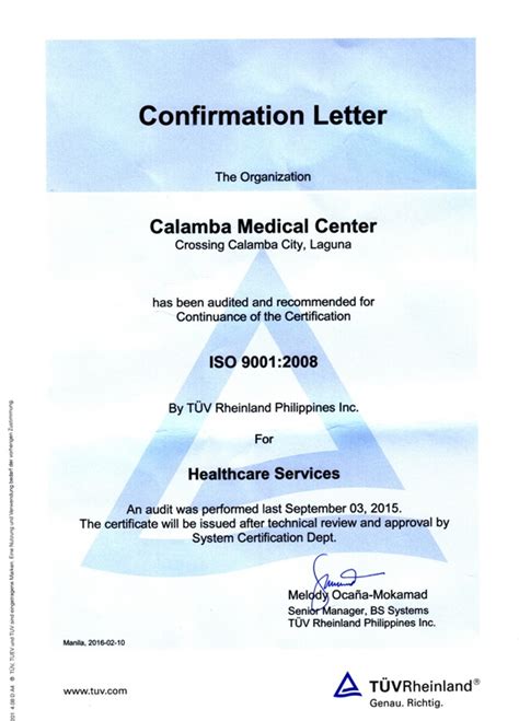 Calamba Medical Center Certification From Tuv Rheinland For