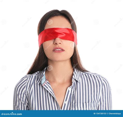 Young Woman Wearing Red Blindfold On White Stock Image Image Of Close Portrait 154738153