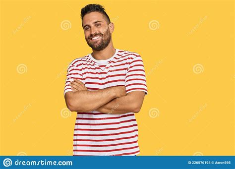 Handsome Man With Beard Wearing Striped Tshirt Happy Face Smiling With