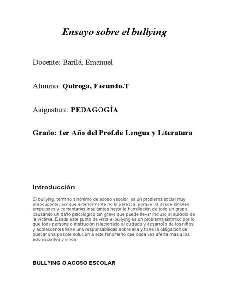 Ensayo Sobre El Bullying Pdf Violencia Institución