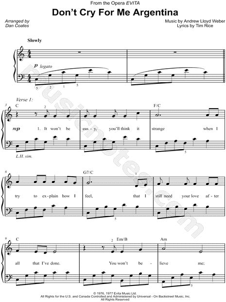 Dont Cry For Me Argentina From Evita Sheet Music In C Major