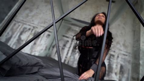 Busty Woman In Black Lace Lingerie On Bed In Bedroom Tilt Up View On Excited Mistress Stock