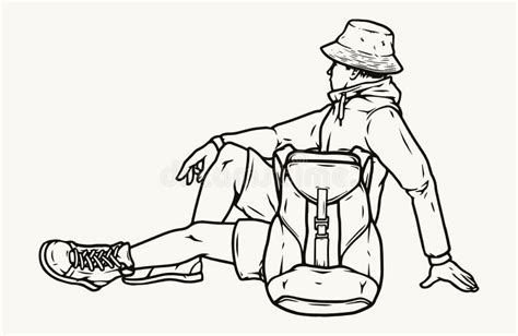 Tired Man Hiking Vector Illustration Male Traveller With Backpack