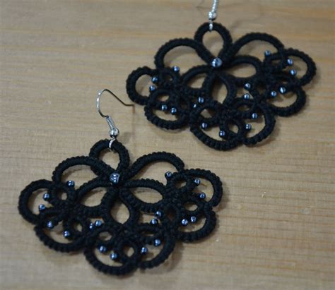 Orecchini Pizzo Chiacchierino Neri Perle Ematite Lace Tatting