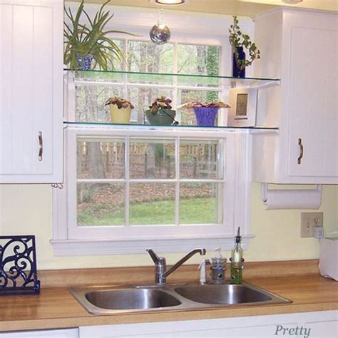 Diy Glass Shelves In Front Of Kitchen Window Kitchen Window Shelves Kitchen Window Treatments