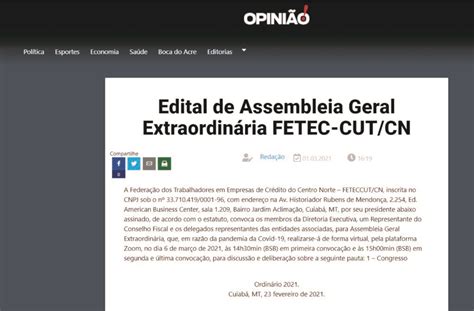 Edital De Assembleia Geral Extraordin Ria Fetec Sindicatos Dos