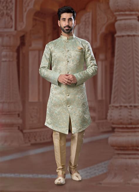 Buy Jacquard Thread Work Indo Western Sherwani In Green Online