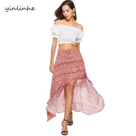 Yinlinhe Flower Print Long Maxi Skirts Women Summer Split Bohemian