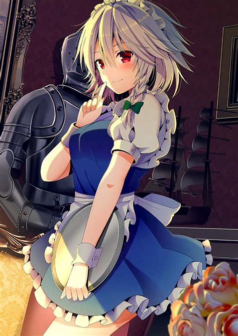 Safebooru 1girl Apron Armor Blue Dress Blush Bow Closed Mouth Dress Dutch Angle Flower Green