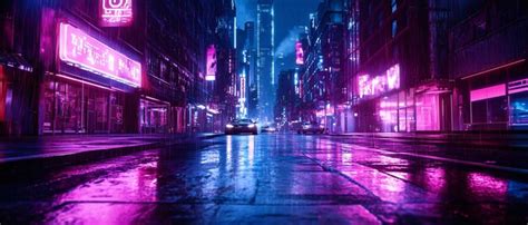 Neon Lights Reflect On Wet Pavement In A Cyberpunk City Street