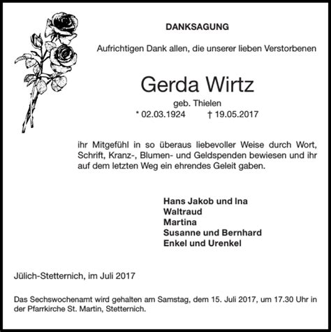 Traueranzeigen Von Gerda Wirtz Aachen Gedenkt