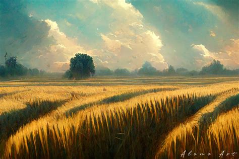 Wheat Field With Cloudy Sky Painting Graphic By Alone Art Creative