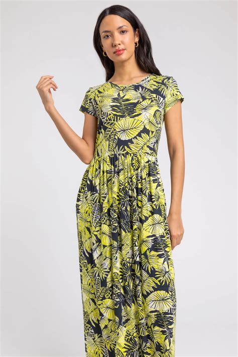 Tropical Print Jersey Maxi Dress In Yellow Roman Originals Uk