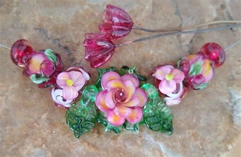 Glass Lampwork Beads Flowers Floral Roses Leafs Bell Flowers