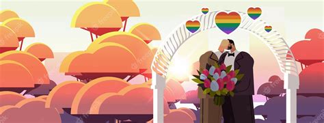 Premium Vector Newlywed Gay Couple With Flowers Kissing Near Wedding