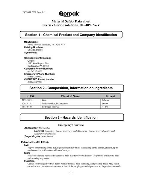 Pdf Material Safety Data Sheet Ferric Chloride Solutions