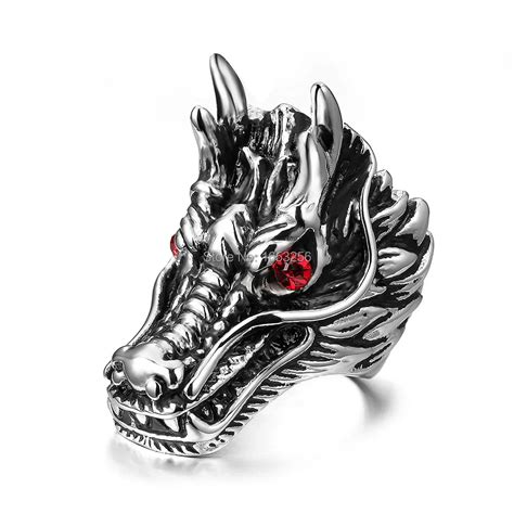 316L Stainless Steel Casting Dragon Head Ring Biker Jewelry With Red