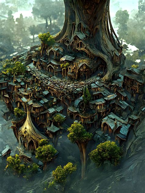 An Artistic Rendering Of A Tree Like Village In The Middle Of A