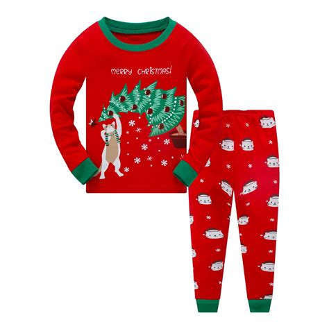 Popshion Kids Christmas 100 Cotton Pajamas Set Christmas Tree Cat Pjs