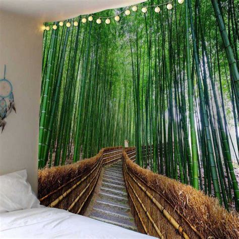 Bamboo Grove Pathway Waterproof Wall Tapestry Green W Inch L