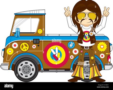 Cute Cartoon Flower Power Hippie With Van Vector Illustration Stock
