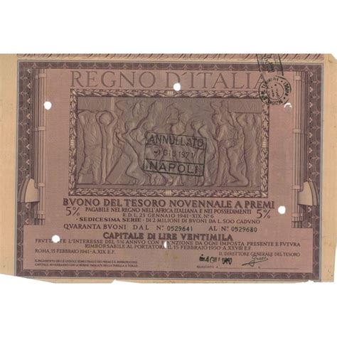 1941 09 Buono Del Tesoro Novennale A Premi 5 Lire 20000 Roma