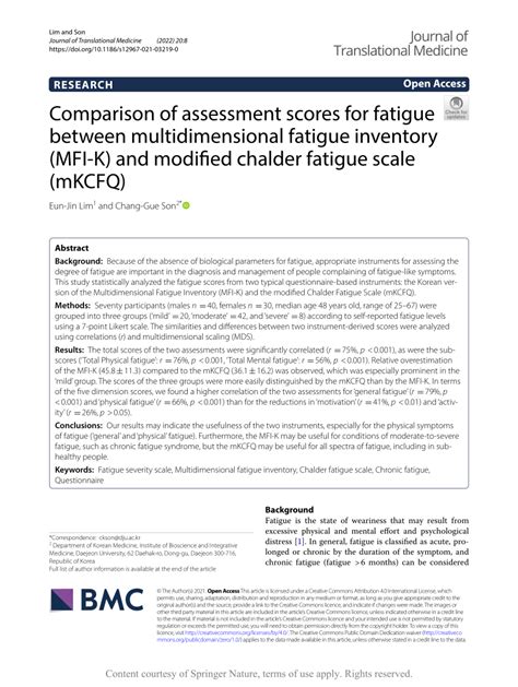 Pdf Comparison Of Assessment Scores For Fatigue Between