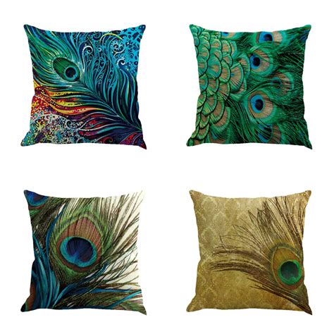 Colorful Retro Peacock Feather Linen Pillowcase Soft Warm Throw Pillow