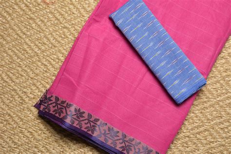 Tvis And Bliss Pink Bengal Cotton Saree With Blue Floral Border