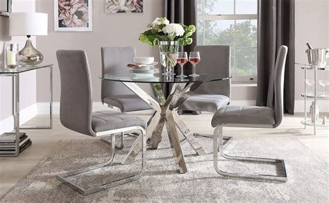 Plaza Round Chrome And Glass Dining Table With 4 Perth Grey Velvet Chairs Furniture Choice