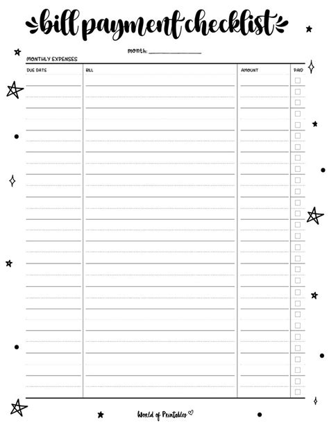Free Bill Payment Checklist Pdf Worksheets Library