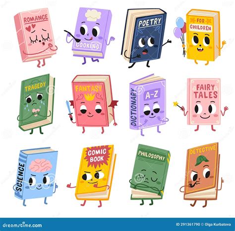 Cartoon Funny Books Characters. Cute Kids Mascots with Different Emotions, Various Genres ...