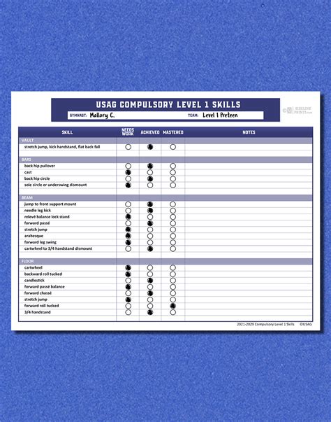 level  skill tracker template sideline prints