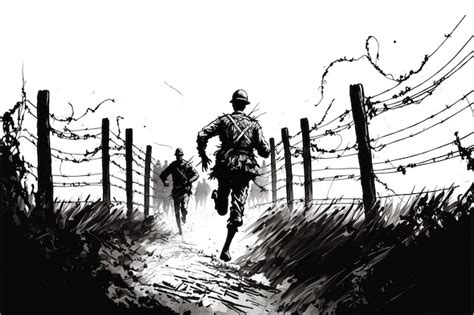 Premium Ai Image Black And White Illustration Of Soldiers Running