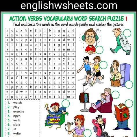 Action Verbs Crossword Worksheets