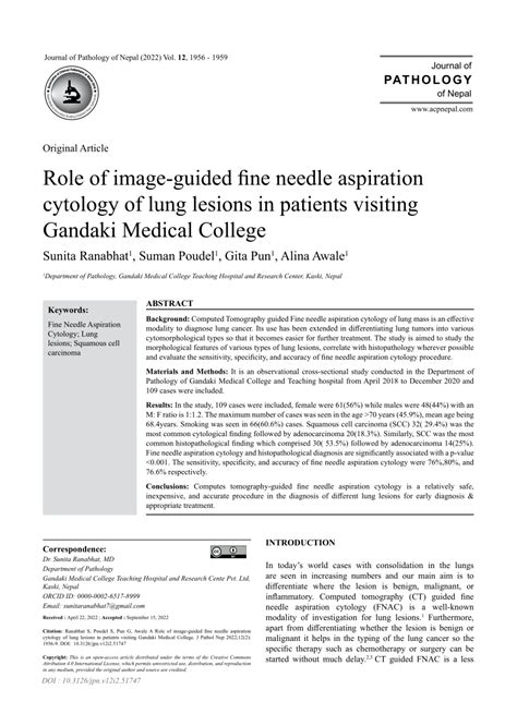 PDF Role Of Image Guided Fine Needle Aspiration Cytology Of Lung