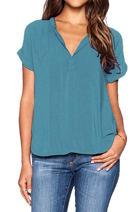 Lilbetter Women Chiffon Blouse V Neck Short Sleeve Top Shirts Women