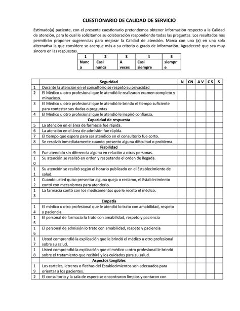 Cuestionario DE Calidad DE Servicio CUESTIONARIO DE CALIDAD DE