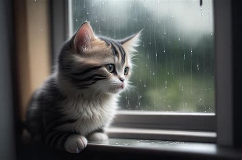 Premium Ai Image Gray Little Kitten Looks The Window Cat On The