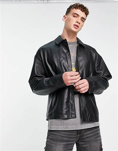 Asos Design Oversized Real Leather Shacket In Black Asos