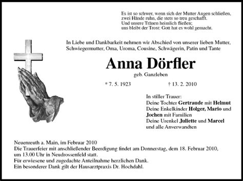 Anna D Rfler Traueranzeige Trauer Infranken De