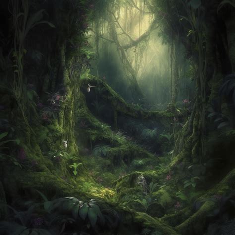 deep dark jungle full of overgrown vegetation and trees covered in moss