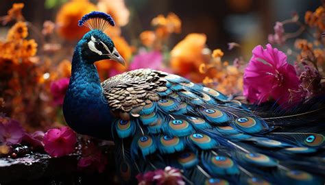 Majestic Peacock Displays Vibrant Colors In Nature Elegant Portrait