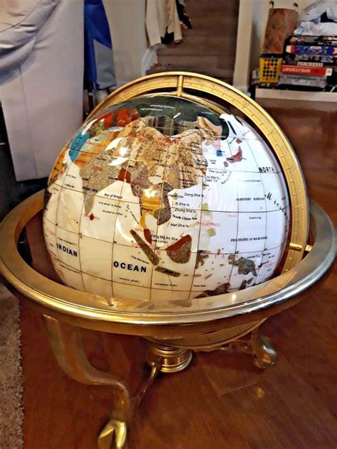 Mother Of Pearl Gemstone Shell World Globe On Gold Brass Table Top