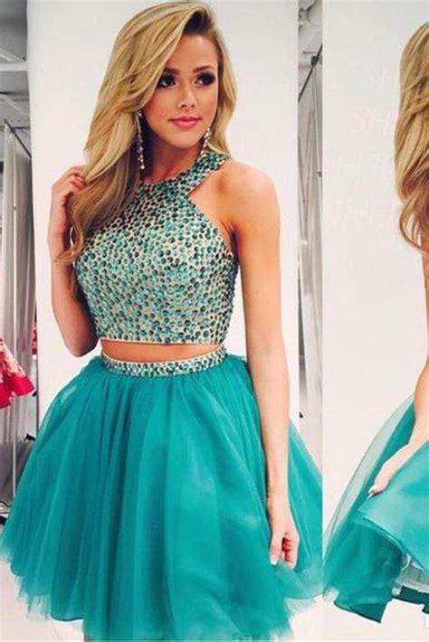 Two Pieces Beaded Bodice Boho Hoco Homecoming Dresses Short Prom Dress